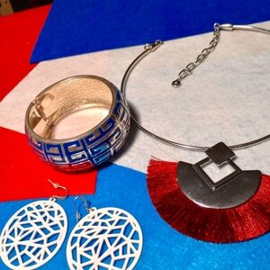 Silver tone Cuff w/ Blue  AND Burgundy Fringe Neckwire AND Fretwork Earrings